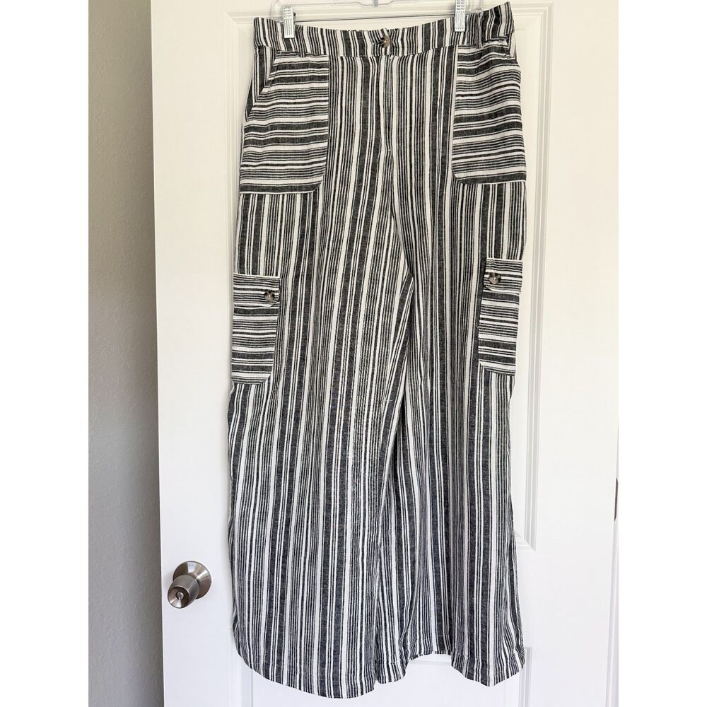 Cato Linen Blend Striped Wide Leg Cargo Pants Womens L Black White Coastal